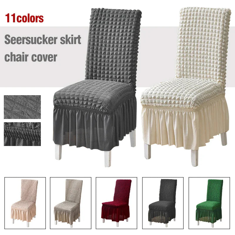 Seersucker Dining Chair Covers with Skirt Elastic Seat Cover Anti-dirty Stool Slipcover