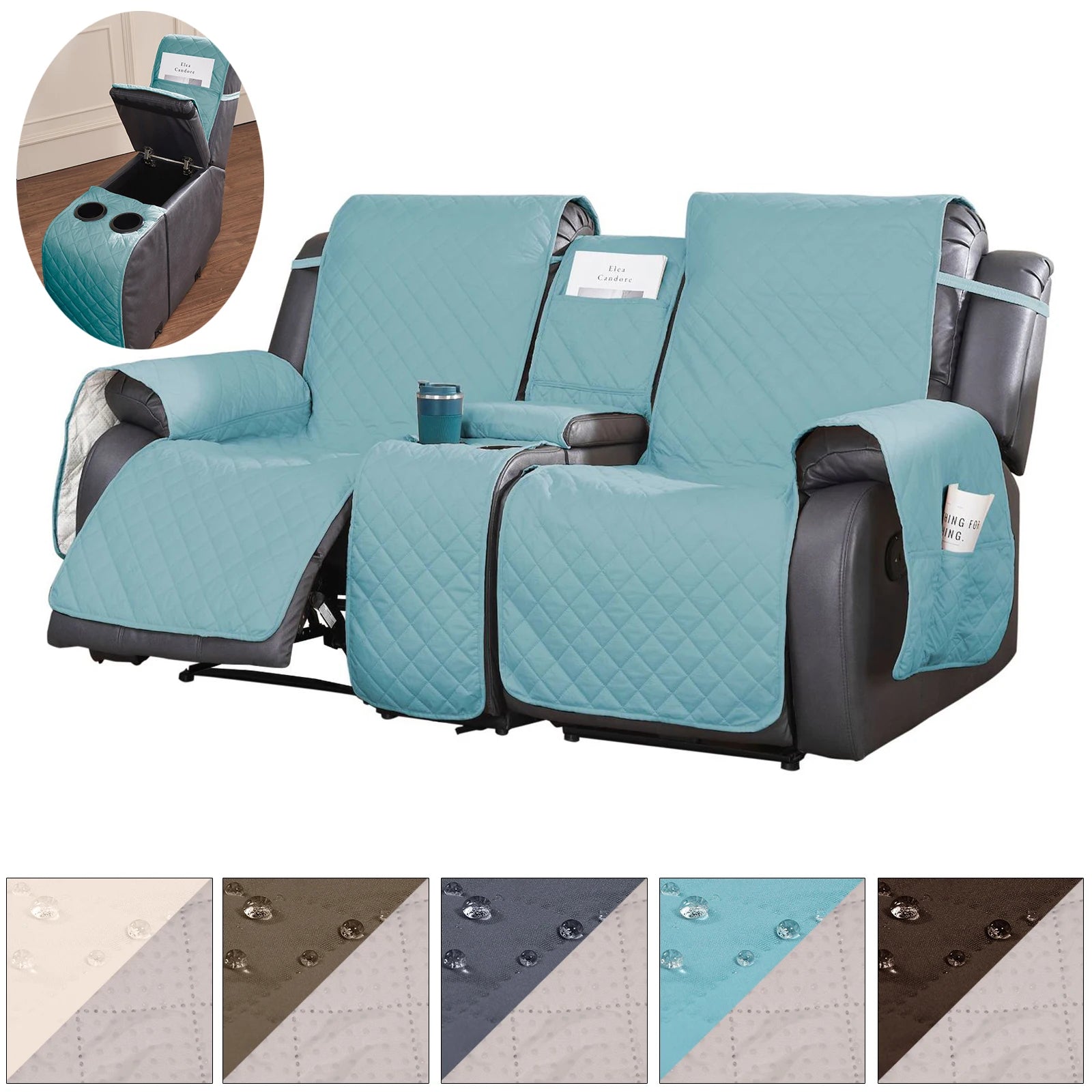 2 Seater Waterproof Quilted Recliner Slipcovers W Center Console Cover Storage Arm Sofa Chair Covers Pet Anti Slip Mat Protector