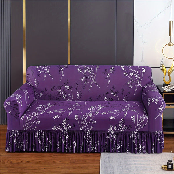 Purple Printed Stretch Sofa Slipcover Anti-Slip with Skirt Design - Durable Furniture Protector Couch Cover For Couchs