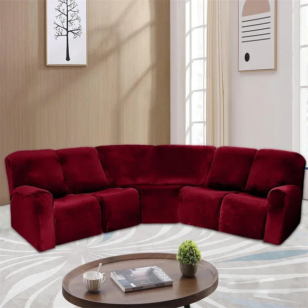 High Grade Velvet 5 Seater Recliner Sofa Covers Wind Red Stretch Sectional Recliner L Shaped Sofa Slipcovers Couch