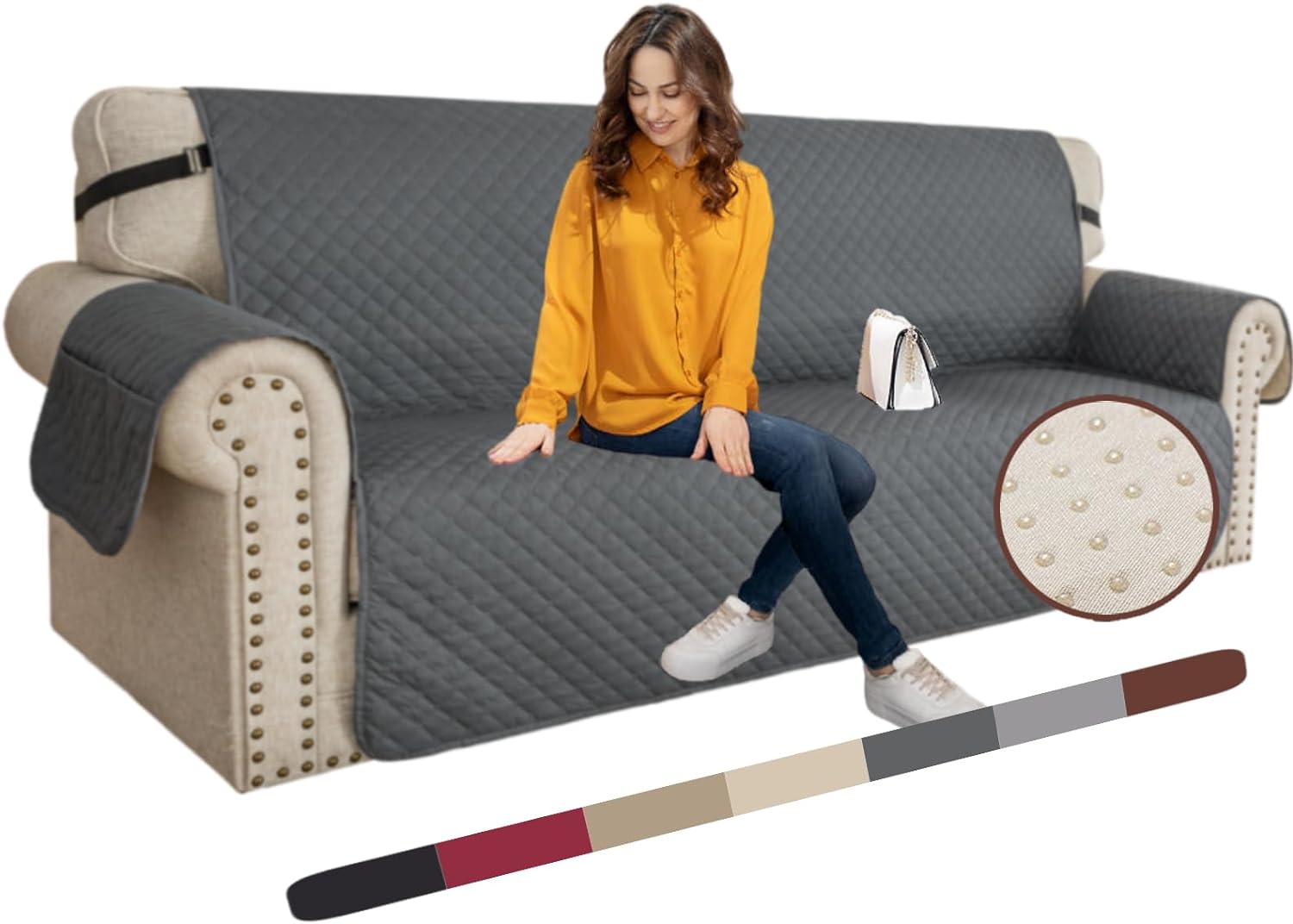 Quilted Sofa Cover Waterproof Couch Covers Couch Super Soft Washable Slipcover with Pockets & Non-Slip Elastic Straps Dog Pets Proof Thick