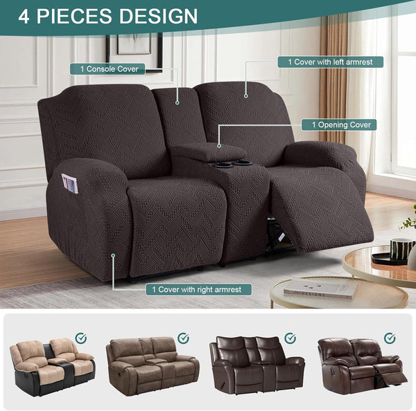 Stretch Loveseat Recliner Covers with Console 4-Pieces Recliner Sofa Covers with Pockets Jacquard Reclining Couch Covers Furniture Protector with Elastic Straps Bottom