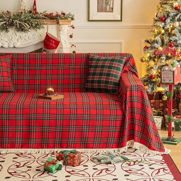 Fashion Double Sofa Dyed Red Yellow Plaid Couch Throw Cover Polyester Christmas Plaid Sofa Throw Covers