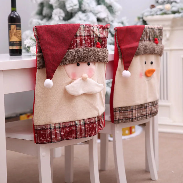 Christmas Chair Back Covers Santa Claus Snowman Reindeer Pattern Slipcovers Dining Room Holiday Party Decor