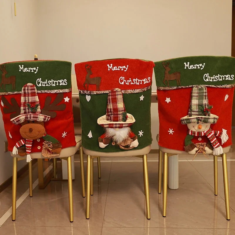 Christmas Chair Cover Cute Santa Clause Deer Snowman Chair Back Cover Holiday Home Decor