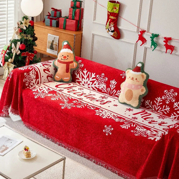 Christmas Red Sofa Cover with Tassel Couch Towel Machine Washable Holiday Theme Red Grids Sofa Slipcover for Living Room Decor