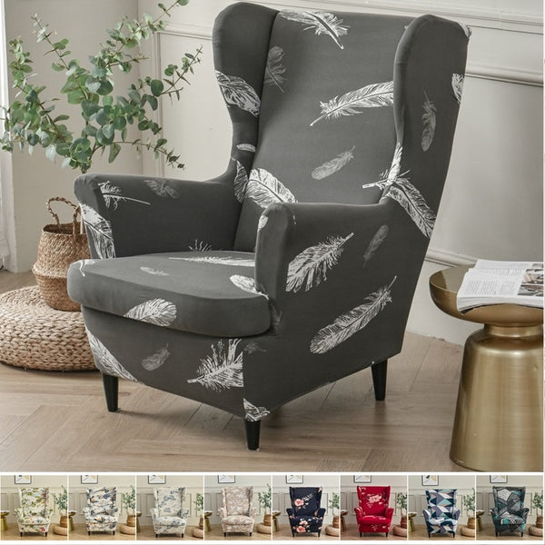 Feather Pattern Wing Chair Cover Stretch Spandex Armchair Covers Removable Relax Single Ｗingback Slipcovers with Seat Cushion Covers
