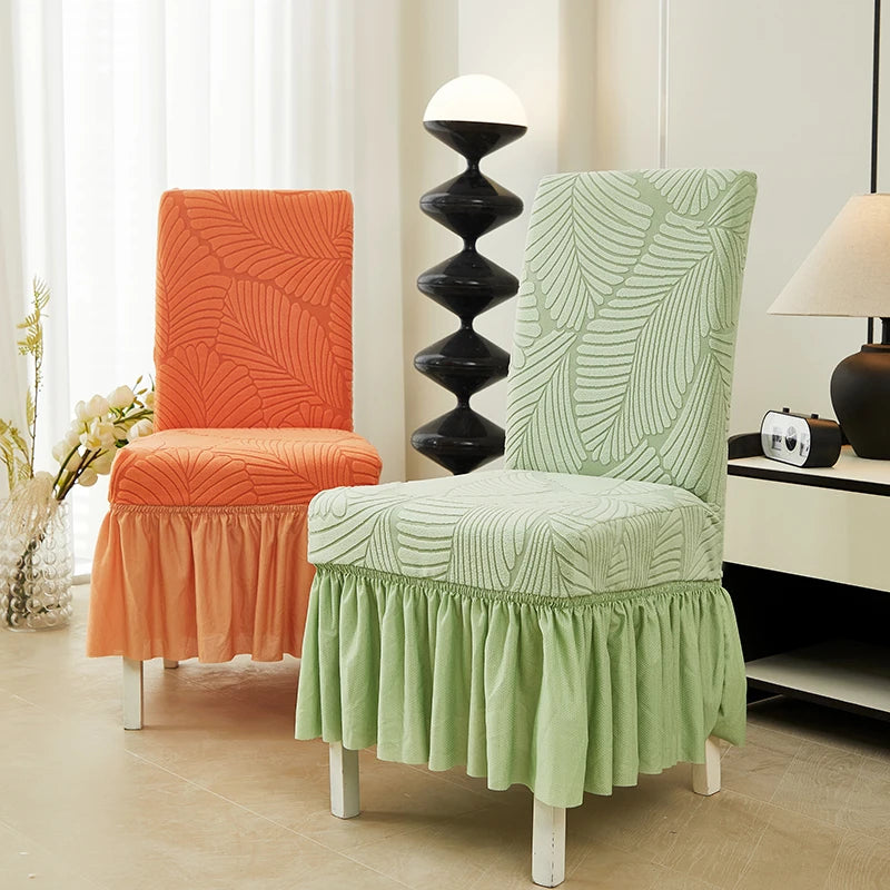 Leaves Jacquard Dining Chair Cover Elastic Wedding Chairs Slipcovers with Skirt Universal Removable Seat Covers Furniture Protector