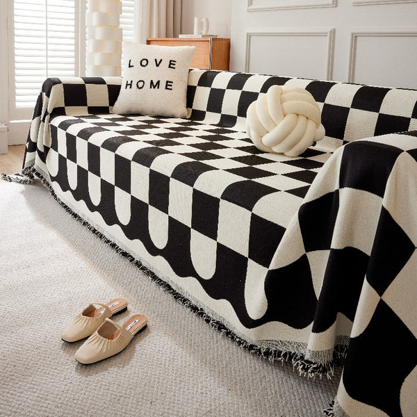 Chenille Checkerboard Sofa Throw Cover All-Season Minimalist Black Protector Throw with Backrest Pads