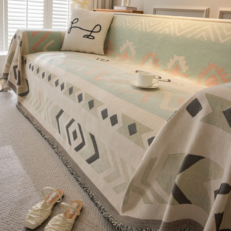 New Bohemian Jacquard Chenille Full-Coverage Sofa Set, All-Season One-Piece Cushion Cover with Reversible Throw