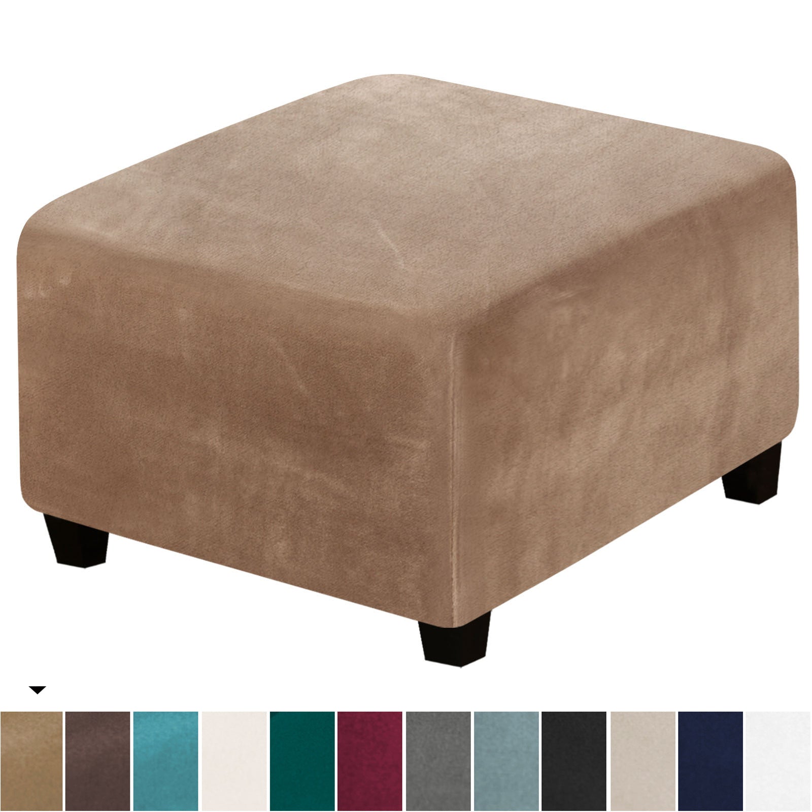 Stretch Luxury Velvet Square Ottoman Slipcover - Elastic Edge Full-Coverage Furniture Protector for Footstool & Pouf