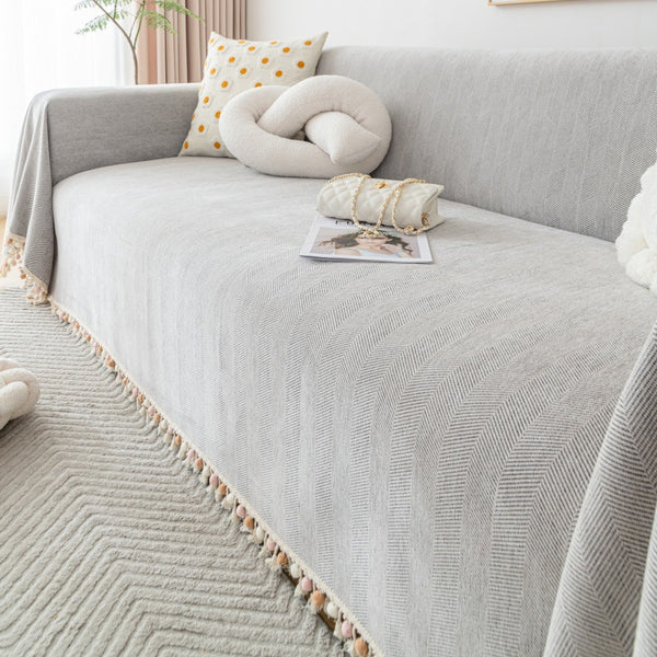 Minimalist Herringbone Chenille Sofa Set: Full-Coverage Protector, All-Season Throw & Cushion Cover with Tassel Trim