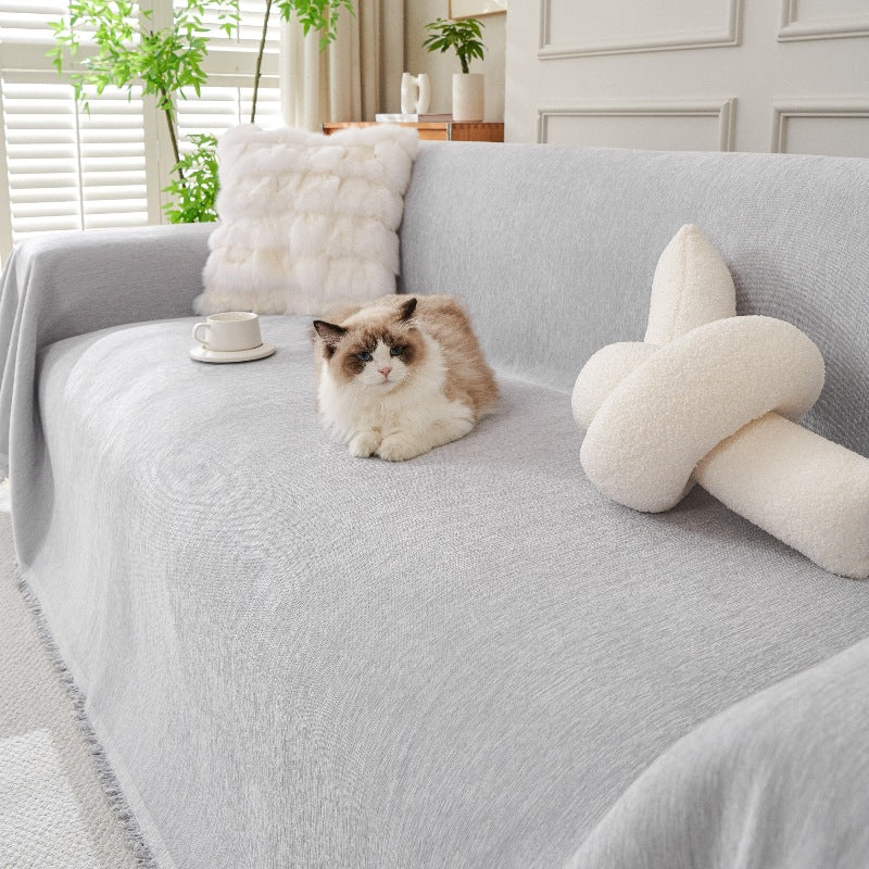 Scandinavian Solid Chenille Sofa Throws Blan - Cat-Scratch Resistant, Non-Slip All-Season Universal Protector & Cushion Cover