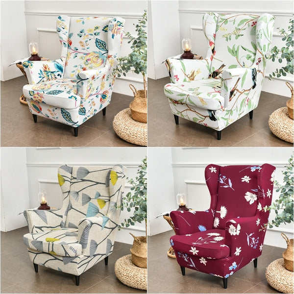 Pastoral Wing Chair Cover Stretch Polyester Armchair Wingback Covers Modern Removable Relax Sofa Slipcovers With Seat Cushion Covers