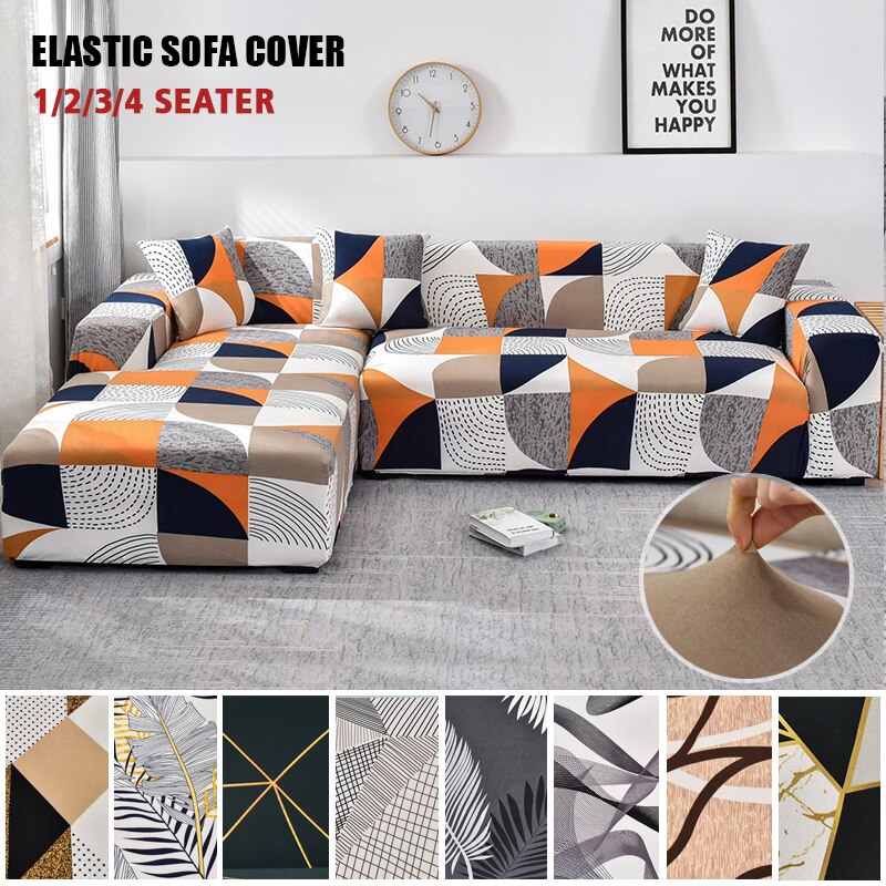 Printed Sofa Slipcover Square Pattern Couch Cover Elastic Sofa Cover for Corner Sofa Pets Chaselong Protector L shape Anti-dust Removeble