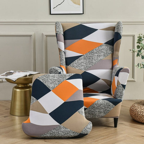 Printed Wing Chair Cover Stretch Spandex Armchair Wingback Covers Nordic Removable Footstool Sofa Slipcovers With Cushion Cover