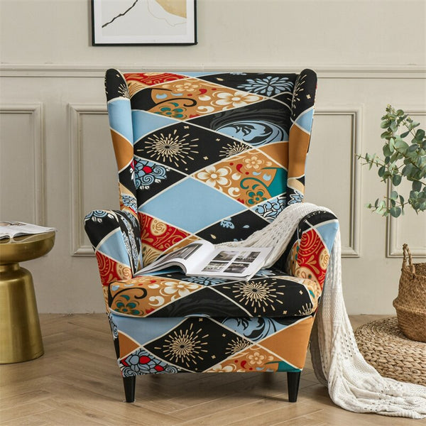 Printed Wing Chair Covers Stretch Spandex Wingback Sofa Cover Removable Lounge Armchair Slipcovers with Seat Cushion Case Hogar