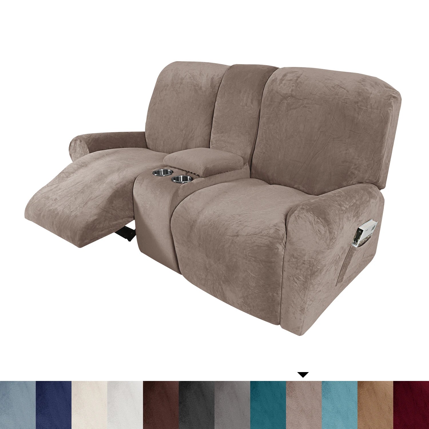 High Grade Recliner Sofa Covers 2 Seater Sofa Covers with Cup Holder Luxury Velvet Stretch Recliner Loveseat Slipcovers with Middle Console