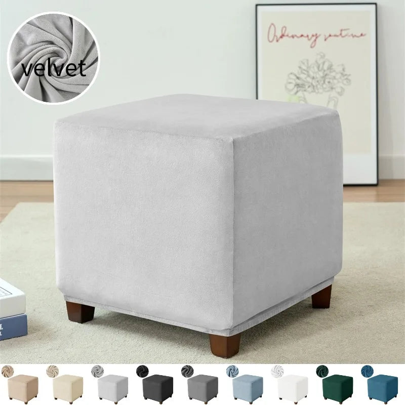 Elastic Velvet Ottoman Covers Square Solid Color Footrest Slipcovers House Pouf Stool Cover