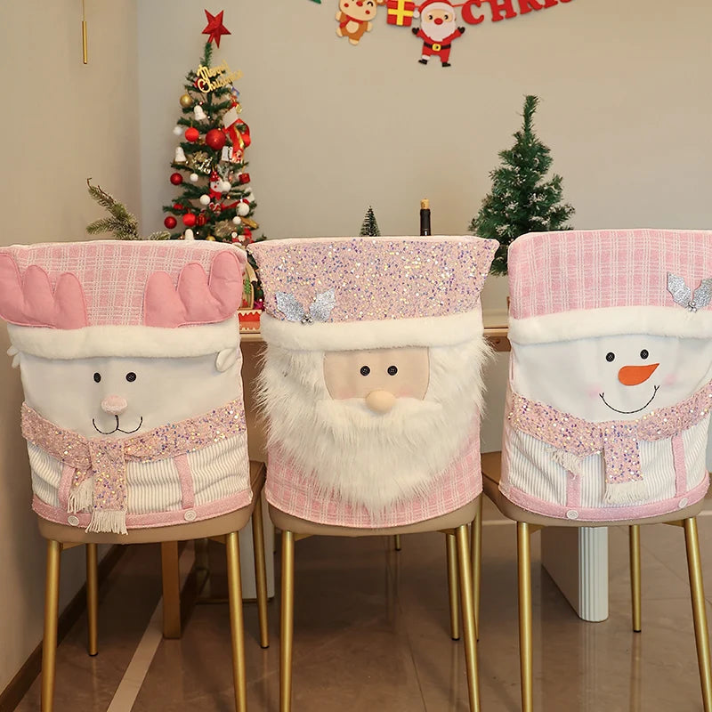 Pink Christmas Chair Cover Dust Cover For Home Party Dining Chair With Cartoon Image Christmas Party Decorations