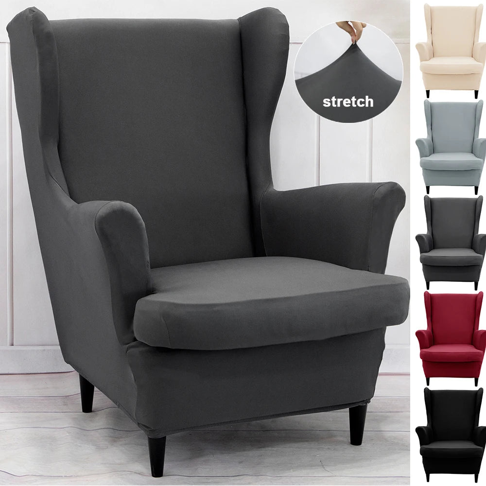 Solid Colour Wing Chair Covers Stretch Wingback Armchair Cover with Seat Cushion Cover Elastic Removable Sofa Couch Protector