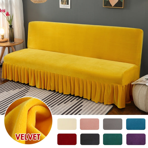 Stretch Velvet Futon Sofa Bed Cover Armless Thick Plush Sofa Cover with Skirt Sofa Slipcover Couch Cover Furniture Protector