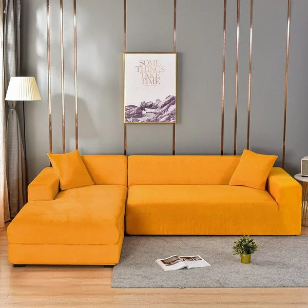 Yellow Color Velvet Sofa Cover All-inclusive Elastic Sectional Yellow Couch Cover Chaise Longue L Shaped Sofa Cover