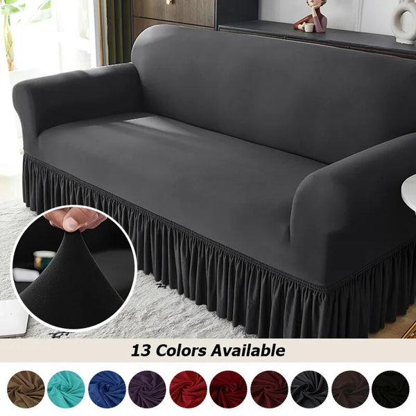 High Stretch Solid Color Sofa Covers For Living Room Spandex Corner Sofa Cover With Skirt Dustproof Non-slip Sofa Slipcover Home